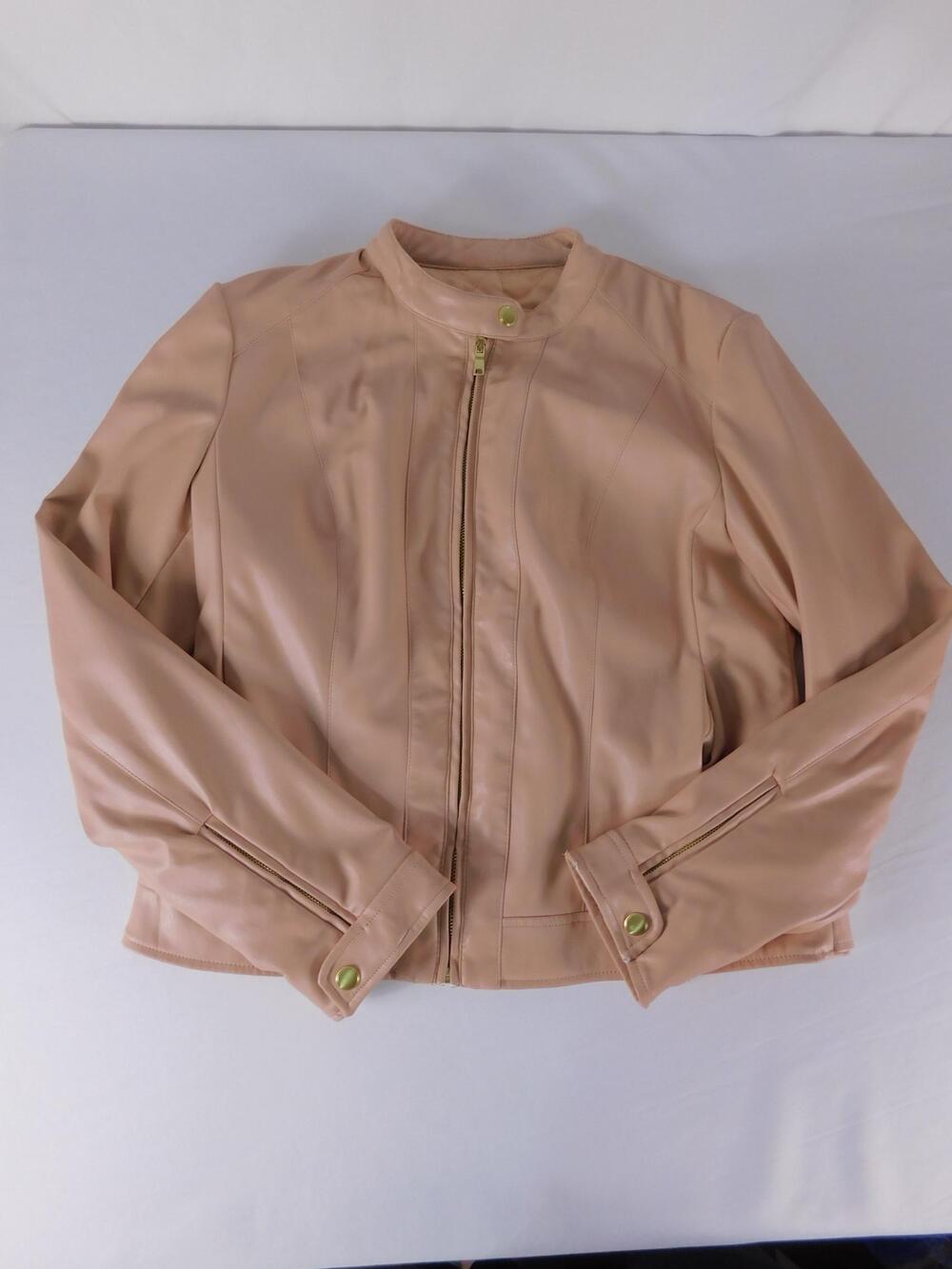 Cole Haan Jacket Womens M Beige Faux Leather Moto Zip Quilted Lined Short Biker